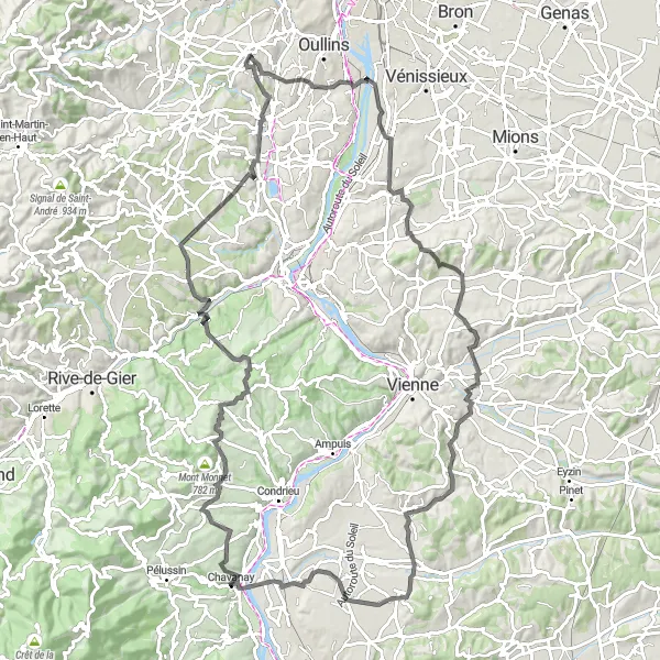 Karten-Miniaturansicht der Radinspiration "Rundtour von Chaponost nach Échalas" in Rhône-Alpes, France. Erstellt vom Tarmacs.app-Routenplaner für Radtouren