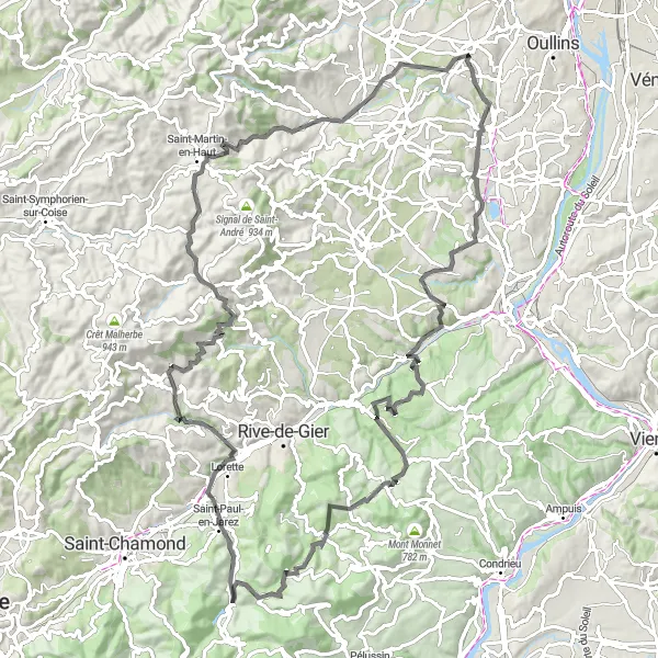 Miniature de la carte de l'inspiration cycliste "Les Collines du Pilat en boucle" dans la Rhône-Alpes, France. Générée par le planificateur d'itinéraire cycliste Tarmacs.app