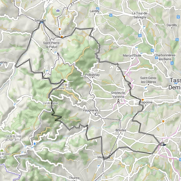 Map miniature of "Messimy Circuit" cycling inspiration in Rhône-Alpes, France. Generated by Tarmacs.app cycling route planner