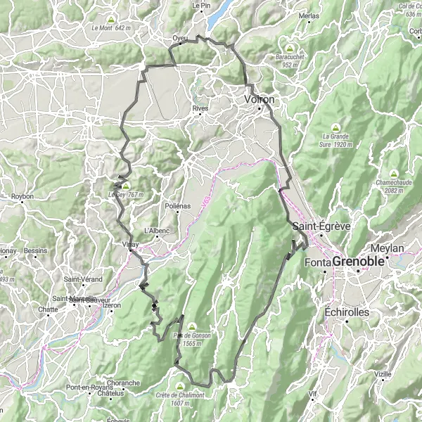 Map miniature of "Charavines - Villard-de-Lans Loop" cycling inspiration in Rhône-Alpes, France. Generated by Tarmacs.app cycling route planner