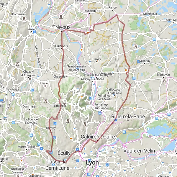 Mapa miniatúra "Zaujímavá gravel trasa okolo Charbonnières-les-Bains" cyklistická inšpirácia v Rhône-Alpes, France. Vygenerované cyklistickým plánovačom trás Tarmacs.app