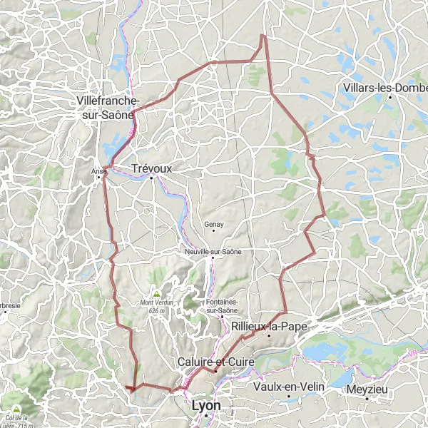 Mapa miniatúra "Gravel trasa cez okolie Charbonnières-les-Bains" cyklistická inšpirácia v Rhône-Alpes, France. Vygenerované cyklistickým plánovačom trás Tarmacs.app