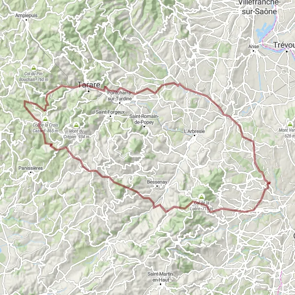 Karttaminiaatyyri "Charbonnières-les-Bains - Gravel Cycling Exploration" pyöräilyinspiraatiosta alueella Rhône-Alpes, France. Luotu Tarmacs.app pyöräilyreittisuunnittelijalla