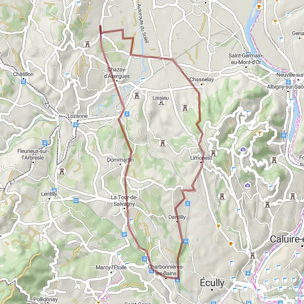 Miniatura della mappa di ispirazione al ciclismo "Gravel Tour delle Colline" nella regione di Rhône-Alpes, France. Generata da Tarmacs.app, pianificatore di rotte ciclistiche