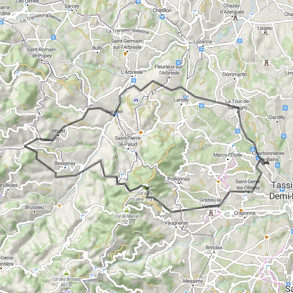 Map miniature of "Charbonnières-les-Bains - Saint-Genis-les-Ollières - Col de la Luère - Bessenay - Éveux - La Tour-de-Salvagny" cycling inspiration in Rhône-Alpes, France. Generated by Tarmacs.app cycling route planner