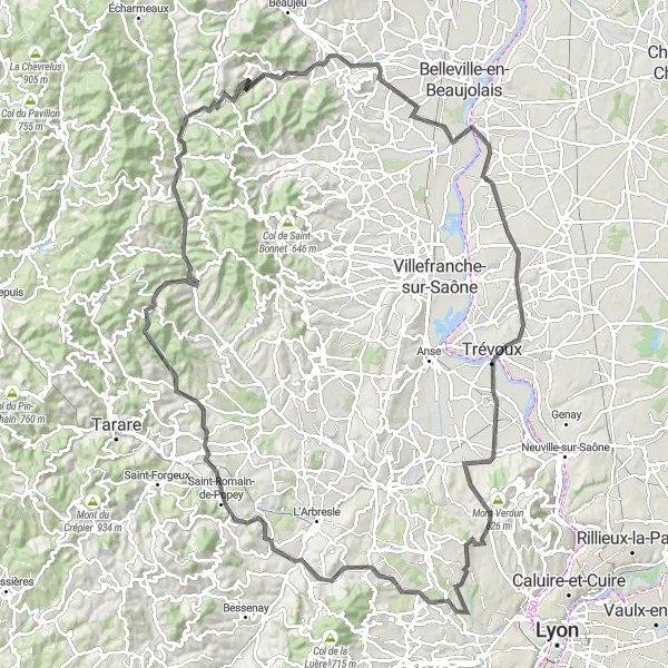 Miniatura della mappa di ispirazione al ciclismo "Giro in bicicletta nelle colline del Beaujolais" nella regione di Rhône-Alpes, France. Generata da Tarmacs.app, pianificatore di rotte ciclistiche
