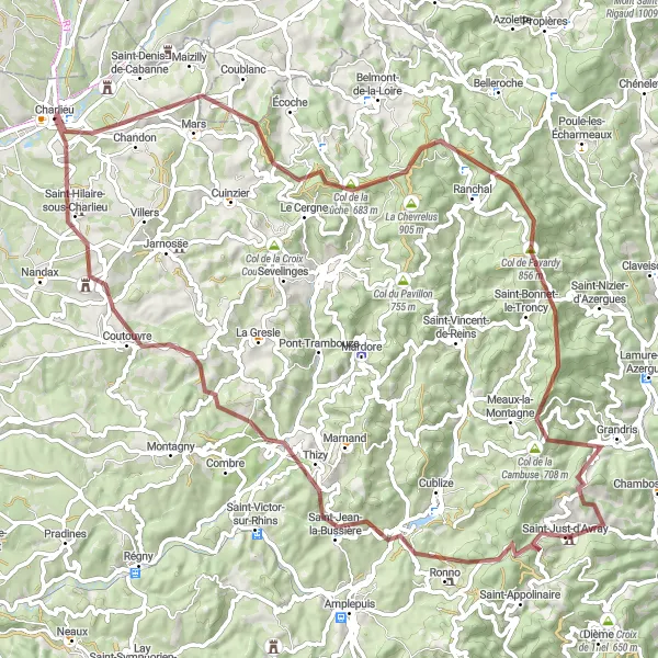 Miniatura della mappa di ispirazione al ciclismo "Tour panoramico da Arcinges a Substructions des anciennes églises Saint-Fortunat" nella regione di Rhône-Alpes, France. Generata da Tarmacs.app, pianificatore di rotte ciclistiche