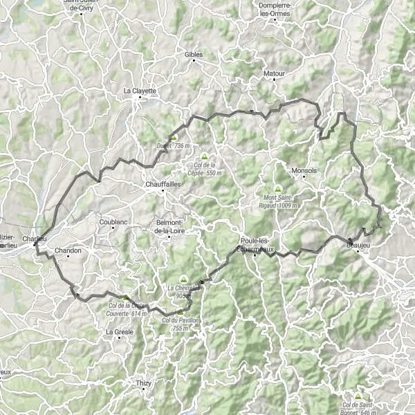 Map miniature of "Charlieu and surrounding area loop" cycling inspiration in Rhône-Alpes, France. Generated by Tarmacs.app cycling route planner