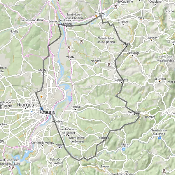 Map miniature of "Charlieu to Coutouvre Loop" cycling inspiration in Rhône-Alpes, France. Generated by Tarmacs.app cycling route planner