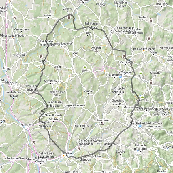 Map miniature of "Fleury-la-Montagne to Curbigny Round Trip" cycling inspiration in Rhône-Alpes, France. Generated by Tarmacs.app cycling route planner