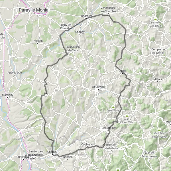 Mapa miniatúra "Okruh smerujúci do Saint-Julien-de-Jonzy a Coublanc" cyklistická inšpirácia v Rhône-Alpes, France. Vygenerované cyklistickým plánovačom trás Tarmacs.app