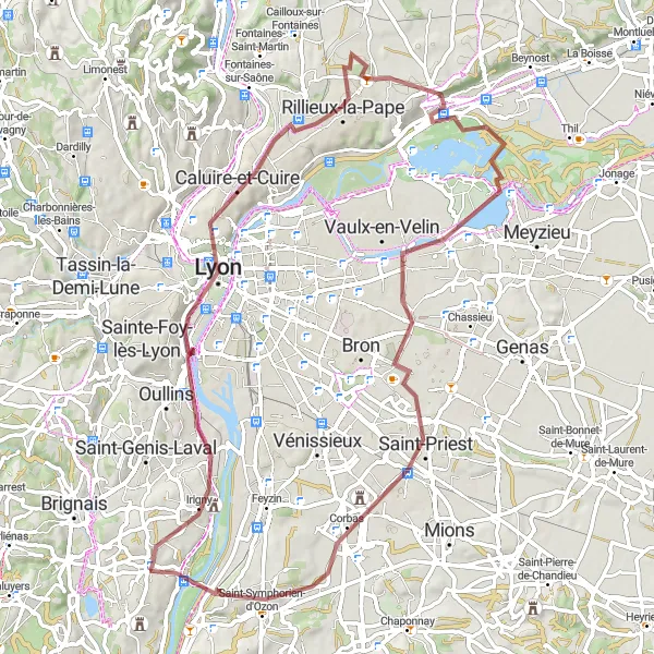 Karten-Miniaturansicht der Radinspiration "Gravel-Abenteuer von Lyon nach Vernaison" in Rhône-Alpes, France. Erstellt vom Tarmacs.app-Routenplaner für Radtouren