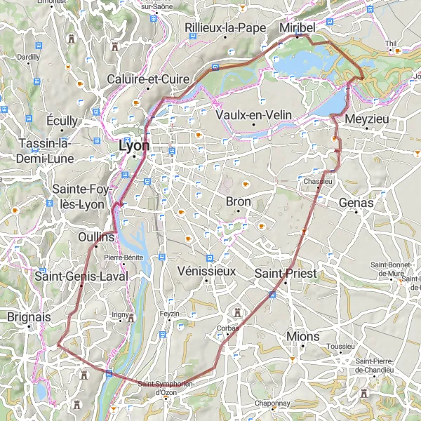 Miniatuurkaart van de fietsinspiratie "Gravelroute van Lyon naar Charly" in Rhône-Alpes, France. Gemaakt door de Tarmacs.app fietsrouteplanner