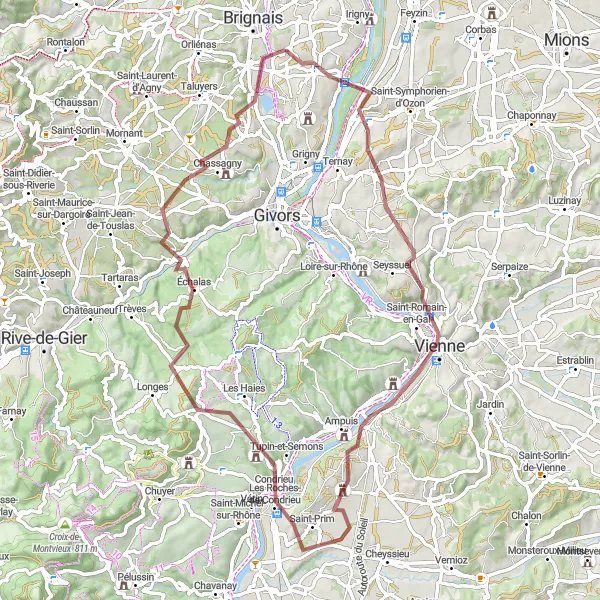 Map miniature of "Rhône Valley Gravel Epic" cycling inspiration in Rhône-Alpes, France. Generated by Tarmacs.app cycling route planner