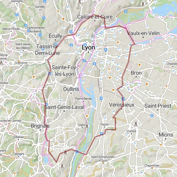 Kartminiatyr av "Grusvei sykkeltur fra Charly" sykkelinspirasjon i Rhône-Alpes, France. Generert av Tarmacs.app sykkelrutoplanlegger