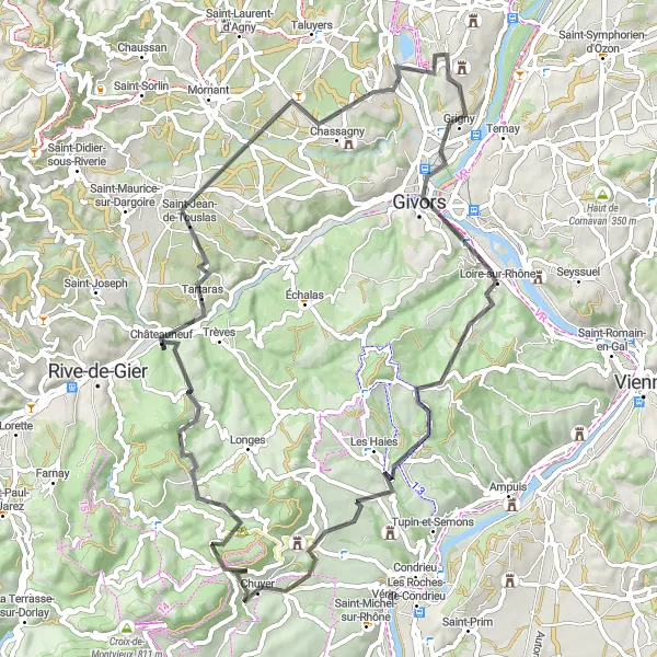 Map miniature of "Chassagny Cycling Loop" cycling inspiration in Rhône-Alpes, France. Generated by Tarmacs.app cycling route planner