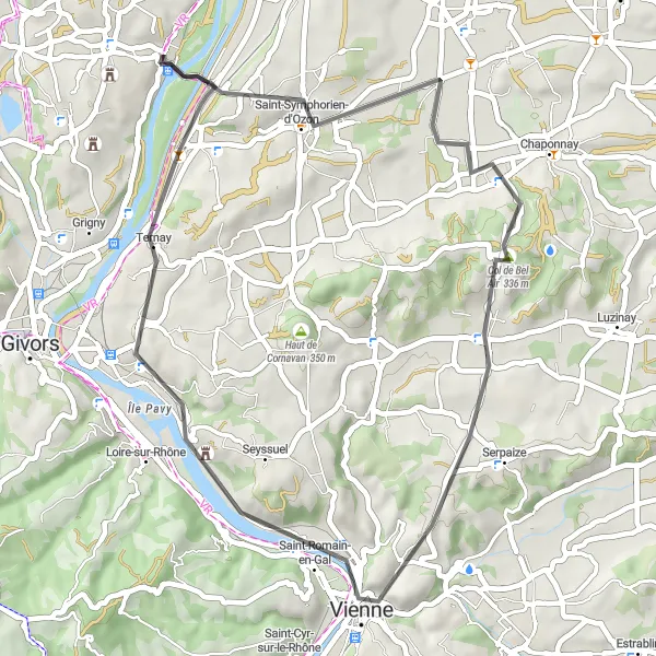 Miniatua del mapa de inspiración ciclista "Ruta de ciclismo de carretera por Charly y sus alrededores" en Rhône-Alpes, France. Generado por Tarmacs.app planificador de rutas ciclistas