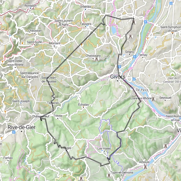 Map miniature of "Givors to Saint-Jean-de-Touslas Road Route" cycling inspiration in Rhône-Alpes, France. Generated by Tarmacs.app cycling route planner