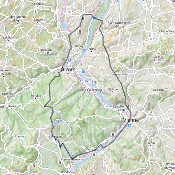 Miniaturní mapa "Okružní cyklistická trasa plná malebných výhledů kolem Charly" inspirace pro cyklisty v oblasti Rhône-Alpes, France. Vytvořeno pomocí plánovače tras Tarmacs.app