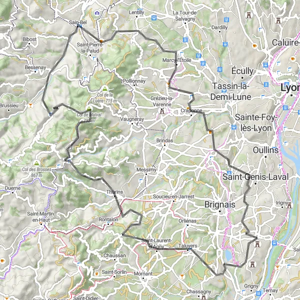 Miniatura della mappa di ispirazione al ciclismo "Giro panoramico tra Saint-Laurent-d'Agny e Vourles" nella regione di Rhône-Alpes, France. Generata da Tarmacs.app, pianificatore di rotte ciclistiche