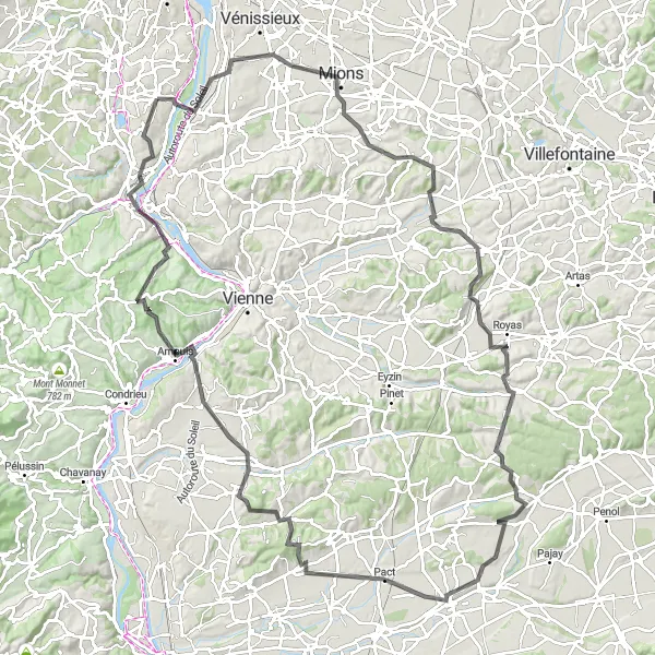 Karten-Miniaturansicht der Radinspiration "Hügeliges Abenteuer von Feyzin bis Grigny" in Rhône-Alpes, France. Erstellt vom Tarmacs.app-Routenplaner für Radtouren