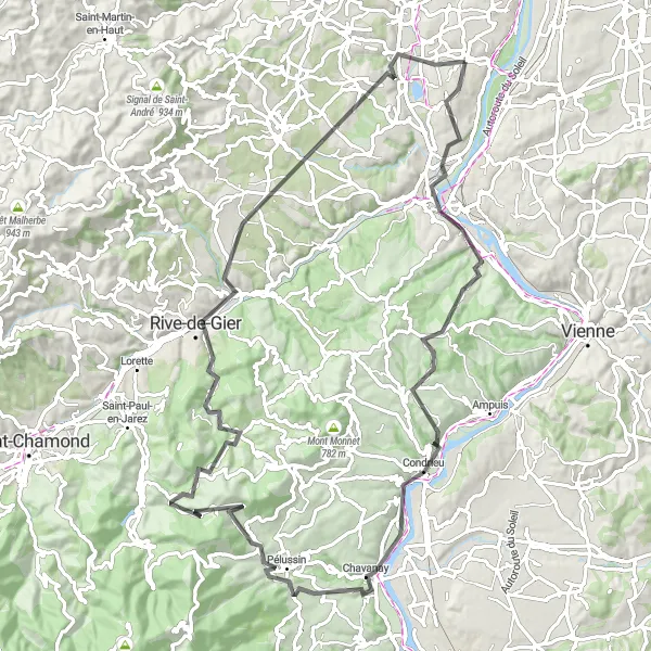 Map miniature of "Enchanting Rhône Valley Route" cycling inspiration in Rhône-Alpes, France. Generated by Tarmacs.app cycling route planner