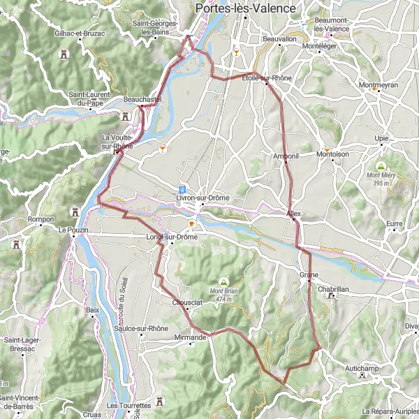 Map miniature of "Gravel Tour: Charmes-sur-Rhône to La Voulte-sur-Rhône" cycling inspiration in Rhône-Alpes, France. Generated by Tarmacs.app cycling route planner