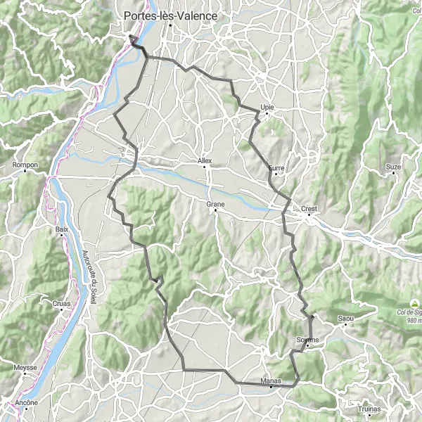 Miniatura della mappa di ispirazione al ciclismo "Avventura ciclistica tra Charmes-sur-Rhône e Livron-sur-Drôme" nella regione di Rhône-Alpes, France. Generata da Tarmacs.app, pianificatore di rotte ciclistiche