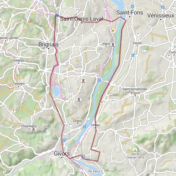 Mapa miniatúra "Gravel Route to Sérézin-du-Rhône" cyklistická inšpirácia v Rhône-Alpes, France. Vygenerované cyklistickým plánovačom trás Tarmacs.app