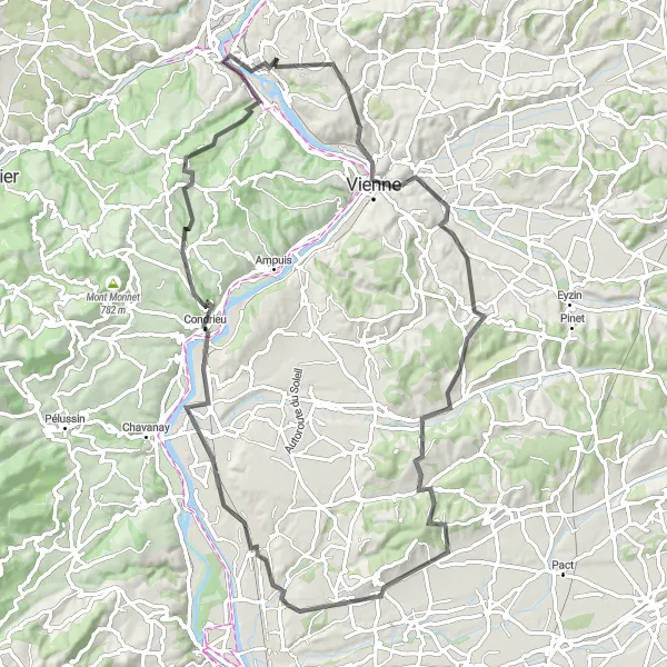 Miniatuurkaart van de fietsinspiratie "Tocht van Vienne naar Loire-sur-Rhône" in Rhône-Alpes, France. Gemaakt door de Tarmacs.app fietsrouteplanner