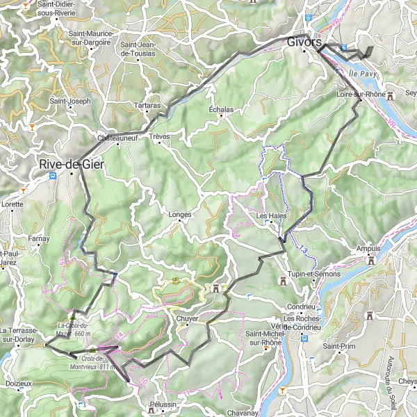 Karttaminiaatyyri "Maantiepyöräilyreitti Loire-sur-Rhônesta Givorsin kautta Rive-de-Gieriin" pyöräilyinspiraatiosta alueella Rhône-Alpes, France. Luotu Tarmacs.app pyöräilyreittisuunnittelijalla