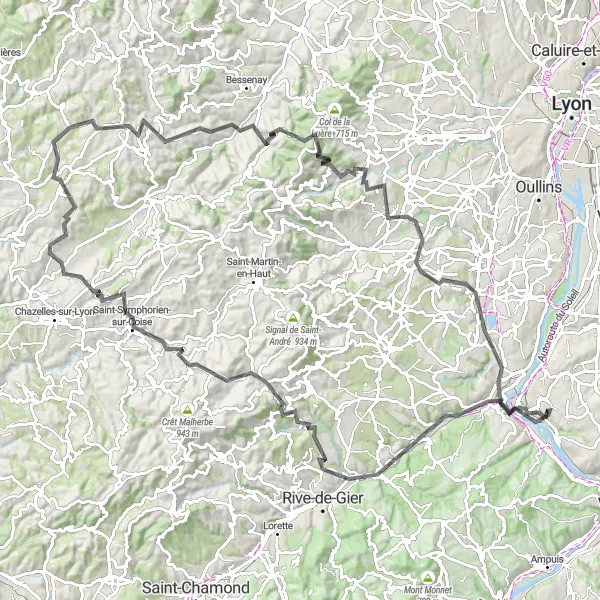 Miniaturní mapa "Velká výzva kolem Rhôny" inspirace pro cyklisty v oblasti Rhône-Alpes, France. Vytvořeno pomocí plánovače tras Tarmacs.app
