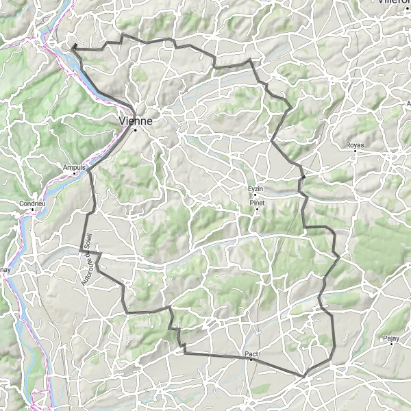 Miniatura della mappa di ispirazione al ciclismo "Giro in bici da Chasse-sur-Rhône" nella regione di Rhône-Alpes, France. Generata da Tarmacs.app, pianificatore di rotte ciclistiche
