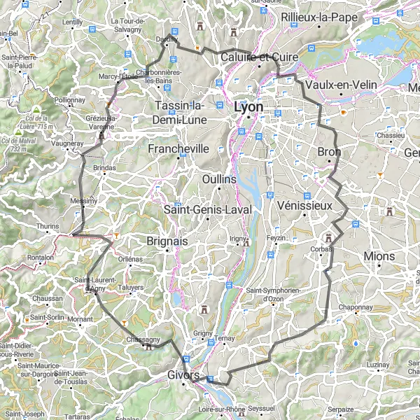 Kartminiatyr av "Hauts de l'Ouest Lyonnais" cykelinspiration i Rhône-Alpes, France. Genererad av Tarmacs.app cykelruttplanerare