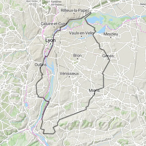 Miniatura della mappa di ispirazione al ciclismo "Avventura in bicicletta verso Lyon" nella regione di Rhône-Alpes, France. Generata da Tarmacs.app, pianificatore di rotte ciclistiche