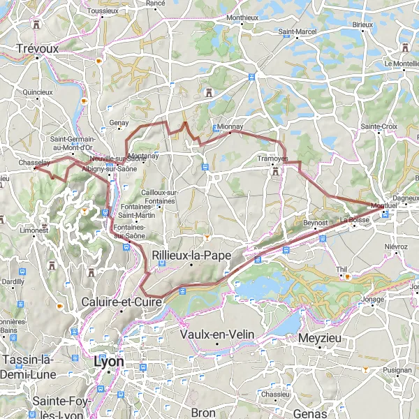 Miniaturní mapa "Gravelová cesta kolem Chasselay" inspirace pro cyklisty v oblasti Rhône-Alpes, France. Vytvořeno pomocí plánovače tras Tarmacs.app