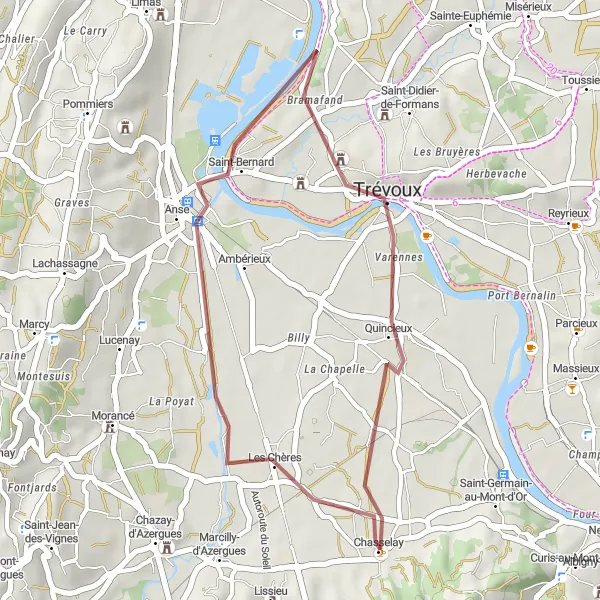 Miniatua del mapa de inspiración ciclista "Ruta de Grava Anse - Chasselay" en Rhône-Alpes, France. Generado por Tarmacs.app planificador de rutas ciclistas