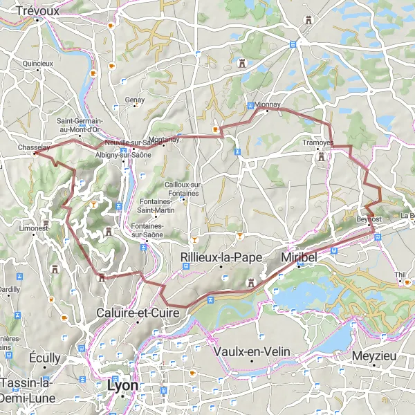Miniature de la carte de l'inspiration cycliste "Itinéraire Gravel Mionnay - Mont Cindre" dans la Rhône-Alpes, France. Générée par le planificateur d'itinéraire cycliste Tarmacs.app