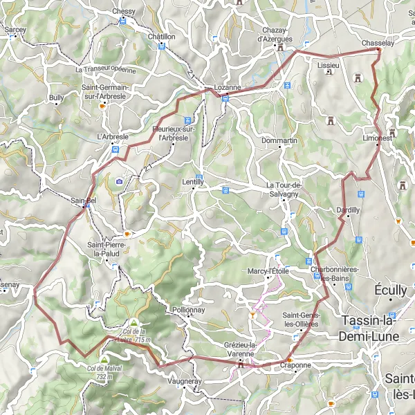Miniaturní mapa "Gravelní cyklotrasa kolem Chasselay" inspirace pro cyklisty v oblasti Rhône-Alpes, France. Vytvořeno pomocí plánovače tras Tarmacs.app