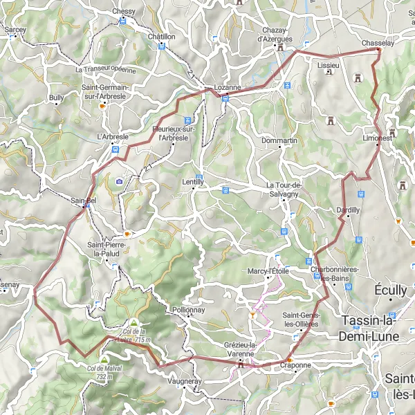 Miniatua del mapa de inspiración ciclista "Excursión hasta L'Arbresle" en Rhône-Alpes, France. Generado por Tarmacs.app planificador de rutas ciclistas