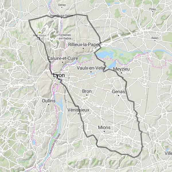 Miniature de la carte de l'inspiration cycliste "Parcours panoramique autour de Lyon" dans la Rhône-Alpes, France. Générée par le planificateur d'itinéraire cycliste Tarmacs.app