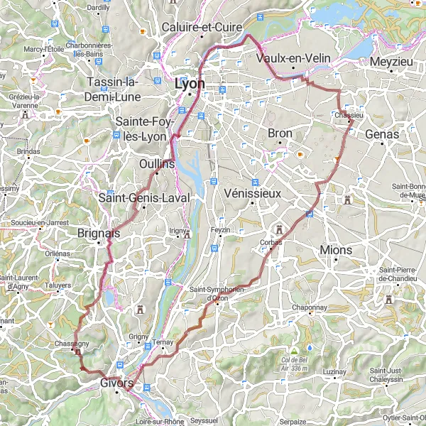 Miniatuurkaart van de fietsinspiratie "Gravelroute van Chassieu naar Lyon en terug" in Rhône-Alpes, France. Gemaakt door de Tarmacs.app fietsrouteplanner