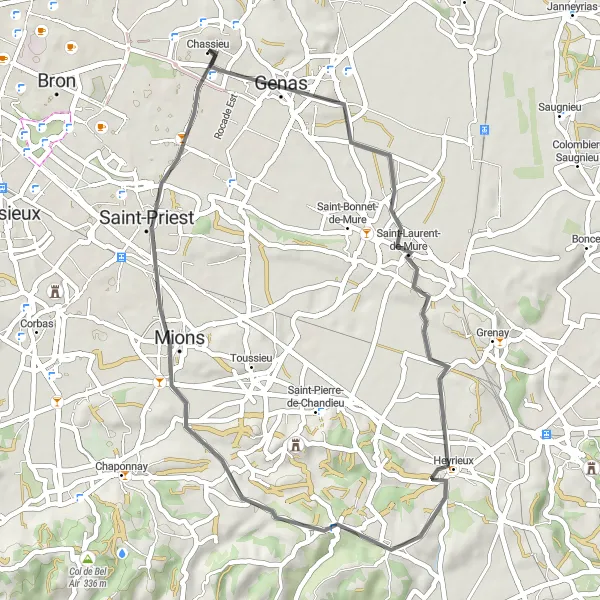 Miniatua del mapa de inspiración ciclista "Ruta de 43 km en carretera desde Chassieu" en Rhône-Alpes, France. Generado por Tarmacs.app planificador de rutas ciclistas