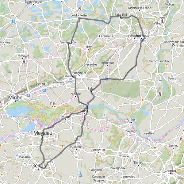 Mapa miniatúra "Výlet po cestnom chodníku do Meximieux" cyklistická inšpirácia v Rhône-Alpes, France. Vygenerované cyklistickým plánovačom trás Tarmacs.app