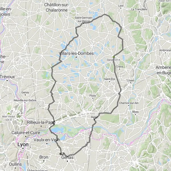 Zemljevid v pomanjšavi "Potovanje po gorah in dolinah" kolesarske inspiracije v Rhône-Alpes, France. Generirano z načrtovalcem kolesarskih poti Tarmacs.app