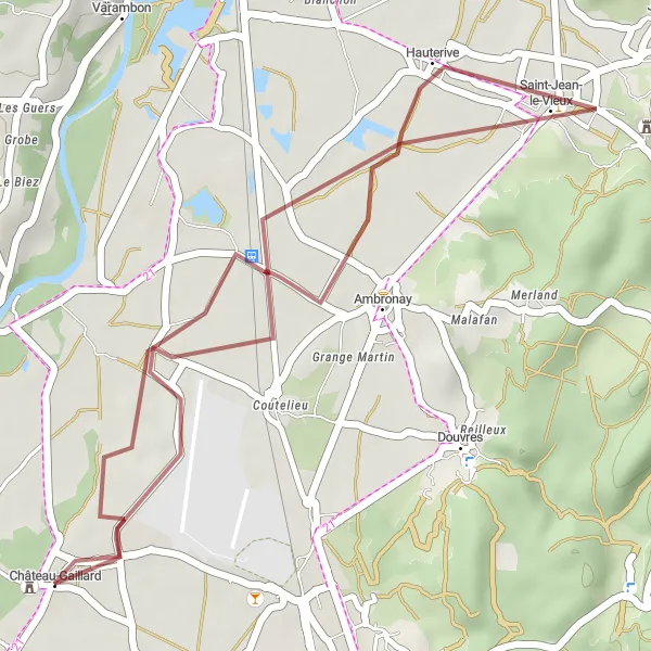 Kartminiatyr av "Grusväg till Château de Varey och Château-Gaillard" cykelinspiration i Rhône-Alpes, France. Genererad av Tarmacs.app cykelruttplanerare
