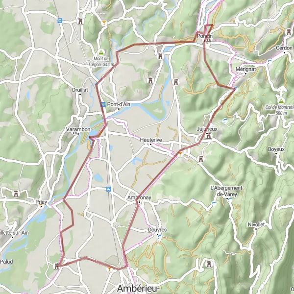 Mapa miniatúra "Gravelová cykloobchôdzka okolo Château-Gaillard" cyklistická inšpirácia v Rhône-Alpes, France. Vygenerované cyklistickým plánovačom trás Tarmacs.app