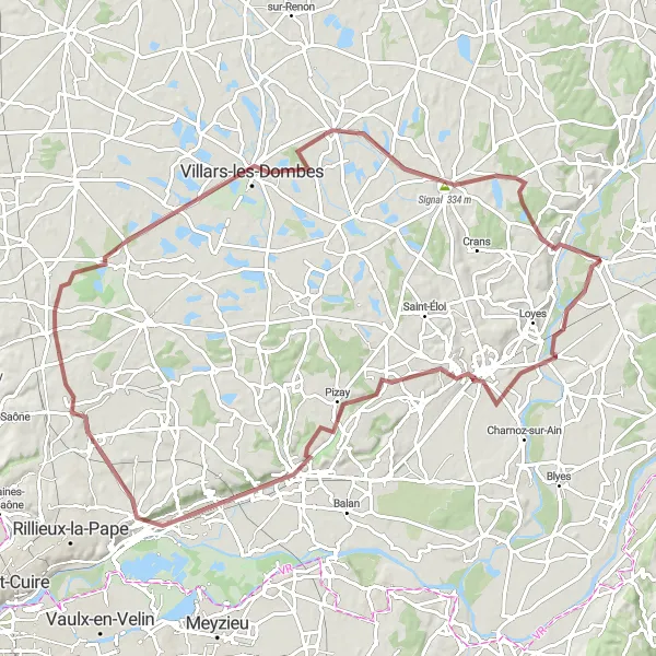 Miniaturní mapa "Gravelový okruh Pérouges" inspirace pro cyklisty v oblasti Rhône-Alpes, France. Vytvořeno pomocí plánovače tras Tarmacs.app