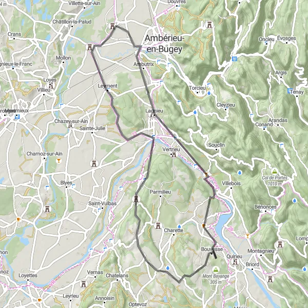 Mapa miniatúra "Cyklotrasa s výhľadmi na pláň Ain" cyklistická inšpirácia v Rhône-Alpes, France. Vygenerované cyklistickým plánovačom trás Tarmacs.app