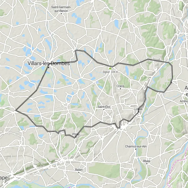 Kartminiatyr av "Landevei tur til Meximieux og Chalamont" sykkelinspirasjon i Rhône-Alpes, France. Generert av Tarmacs.app sykkelrutoplanlegger